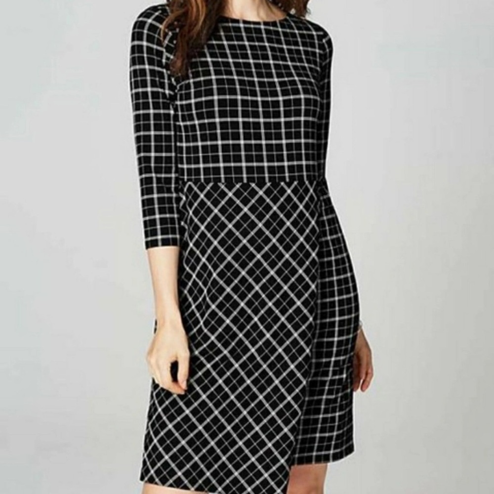 J Jill Wearever Windowpane Faux Wrap Dress Black Size Large